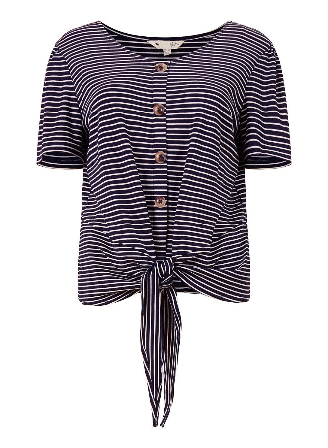 Yumi Navy Striped Jersey Button Detail Top - Image 4