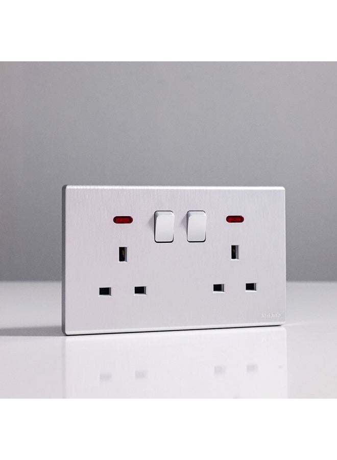 Milano 13A Dual Socket With Neon Electrical Switches Sockets Outlets For Home Appliances Office Hotel Conventional Construction Project Aura Slvr - Image 1