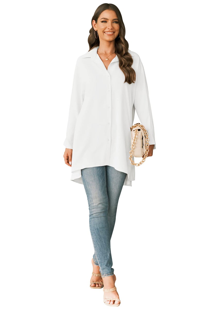Aoysky Womens Oversized T Shirts Button Down Long Sleeve Shirt V Neck Collar Loose Flowy Blouse White - Image 3
