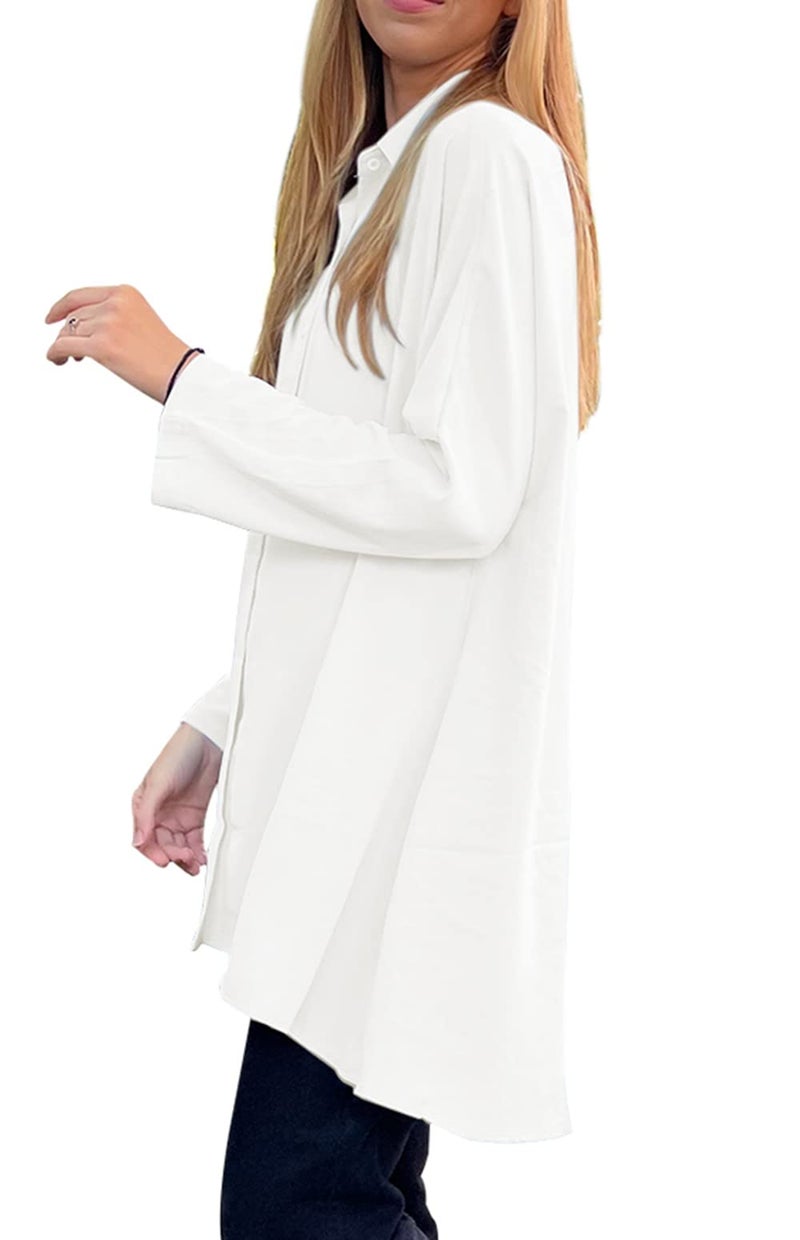 Aoysky Womens Oversized T Shirts Button Down Long Sleeve Shirt V Neck Collar Loose Flowy Blouse White - Image 2