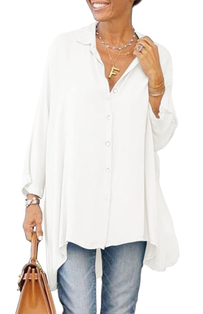 Aoysky Womens Oversized T Shirts Button Down Long Sleeve Shirt V Neck Collar Loose Flowy Blouse White - Image 1