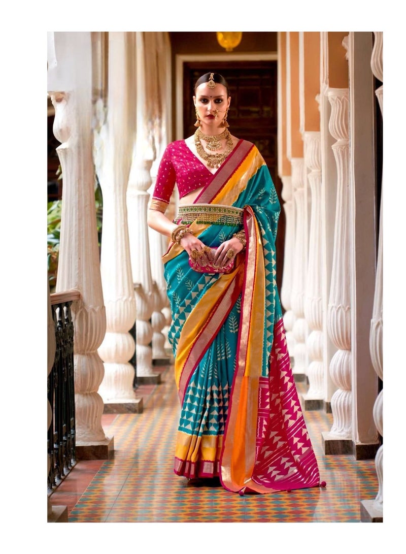 Grab Mantra Turquoise Teal Saree With Pink And Orange Borders Patola Print Saree Plus Contrast Unstitched Blouse.  - Image 2