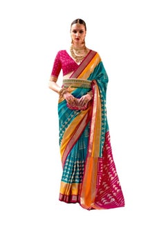 Firoji Blue Patola Print Saree With Red And Yellow Border Design Plus Contrast Unstitched Blouse.