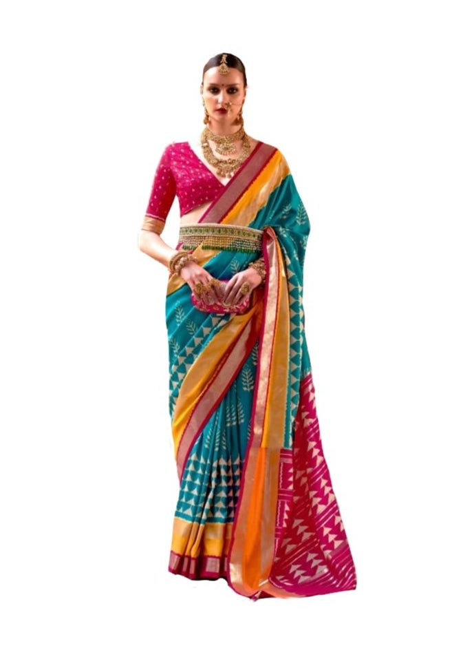 Grab Mantra - Firoji Blue Patola Print Saree With Red And Yellow Border Design Plus Contrast Unstitched Blouse. - Image 1