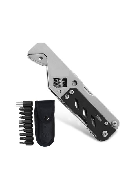Multitool Wrench, with 9 Different Sizes of Screwdriver Bits, Phillips Screwdriver, Portable Folding Multifunctional Adjustable Multi Purpose Stainless Steel Tool for Camping, Fishing, Hiking