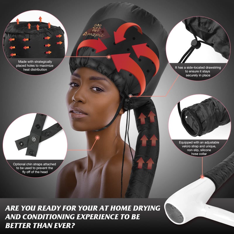 Amzpic Bonnet Hood Hair Dryer Attachment - Soft, Adjustable Extra Large Bonnet Hair Dryer for Speeds Up Drying Time at Home, Easy to Use for Styling, Curling and Deep Conditioning (Black) - Image 2