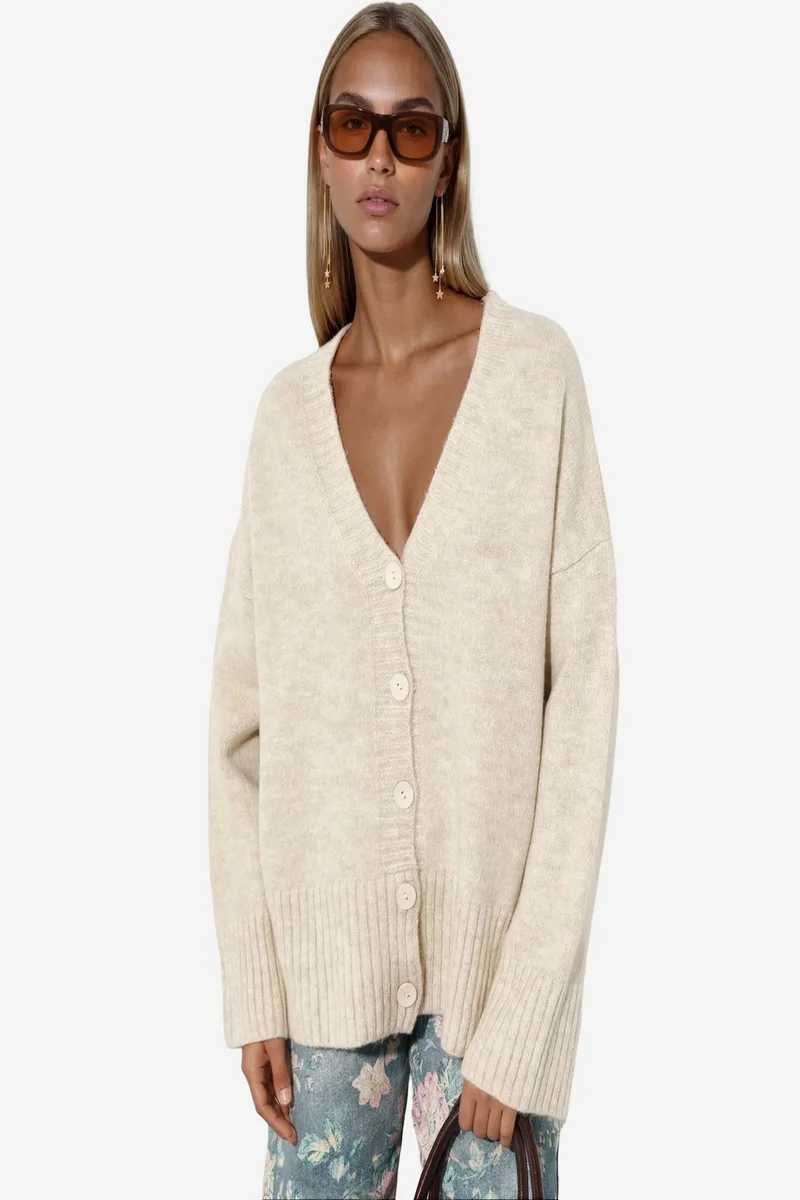 Viorna VIORNA Ribbed V-Neck Button Cardigan
