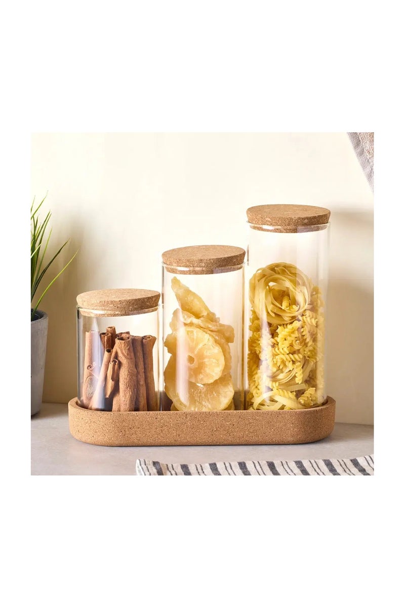 طقم برطبانات زجاجية من زجاج البورسليكات مع غطاء من الفلين (600-800-1000 مل) وصينية من الفلين - Image 2