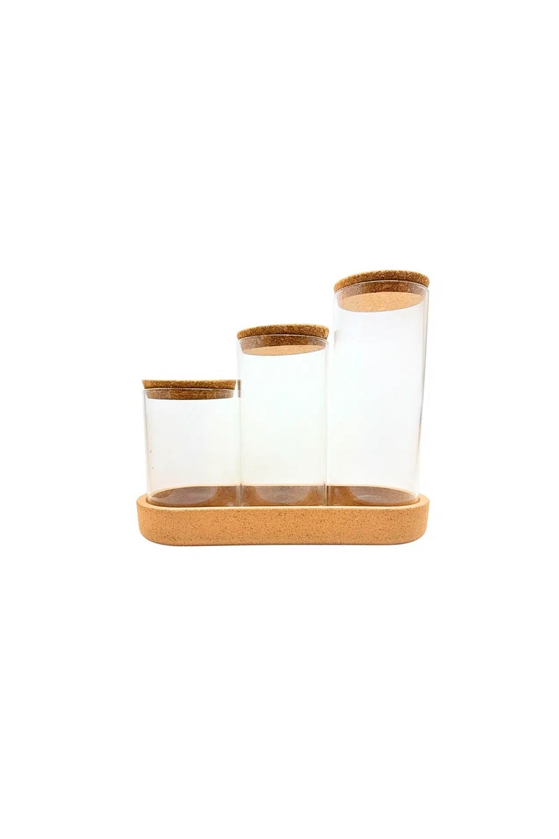 طقم برطبانات زجاجية من زجاج البورسليكات مع غطاء من الفلين (600-800-1000 مل) وصينية من الفلين - Image 4