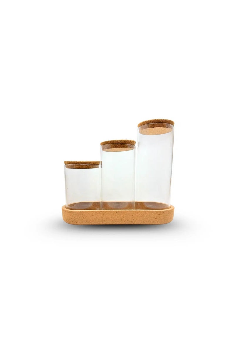 طقم برطبانات زجاجية من زجاج البورسليكات مع غطاء من الفلين (600-800-1000 مل) وصينية من الفلين - Image 1