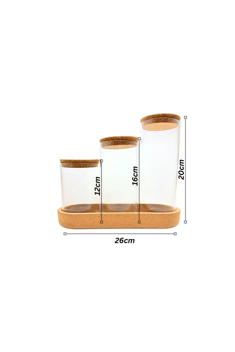 طقم برطبانات زجاجية من زجاج البورسليكات مع غطاء من الفلين (600-800-1000 مل) وصينية من الفلين - Image 5