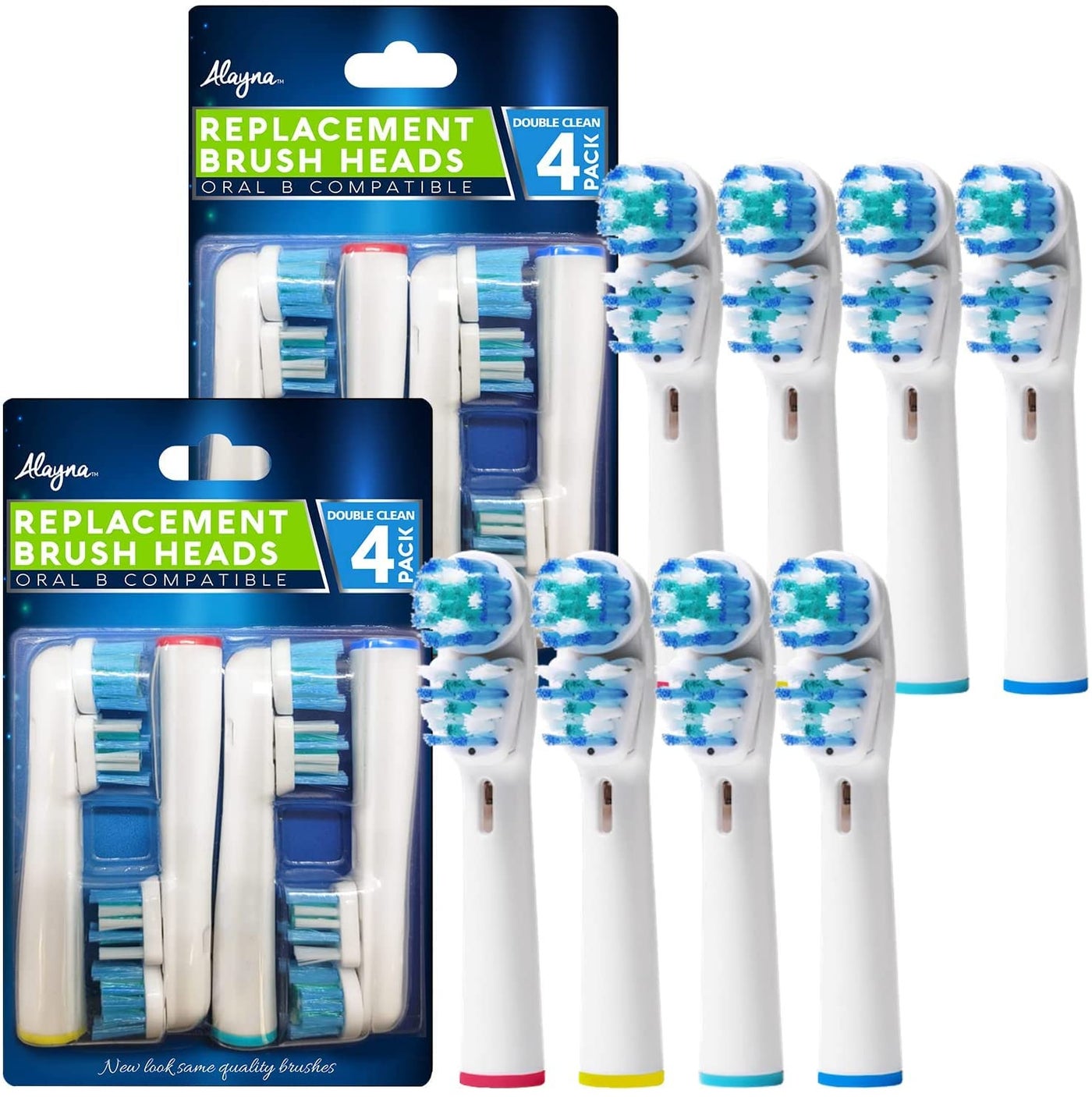 Alayna Replacement Brush Heads Compatible with OralB Braun- Best Double Clean, Pack of 8 Electric Toothbrush Replacement Heads- for Oral B Pro, 1000, 8000, 9000, Adults, Kids, Vitality, Dual Plus!