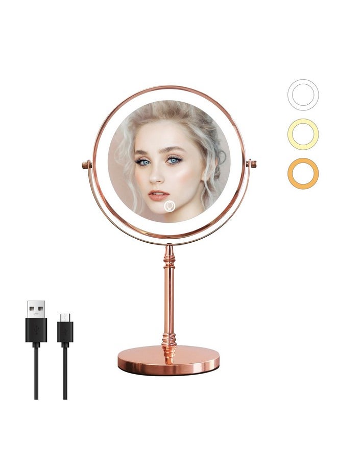 Nicesail 1X/10X Magnifying Mirror With 3 Color Dimmable Lighting Makeup Mirrors Light Up And Magnified With 360 Rotation For Table Rose Gold(8 Inch 10X Magnification)  - Image 1