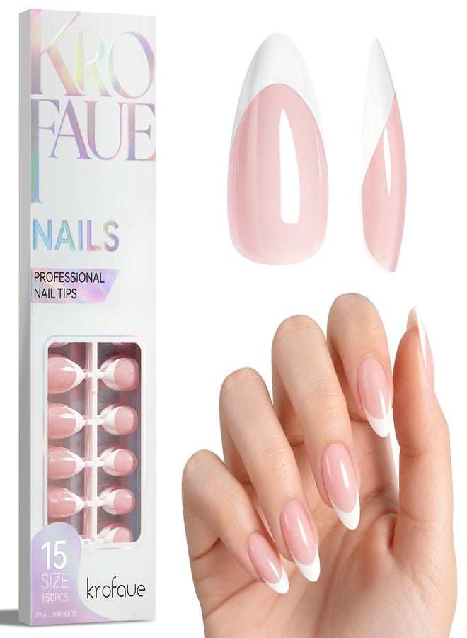 Krofaue French Tip Short Almond Nail Tips, 150PCS Full Cover False Nails, 15 Sizes Reusable Glossy Press On Nails for DIY Salon Manicure - Image 1