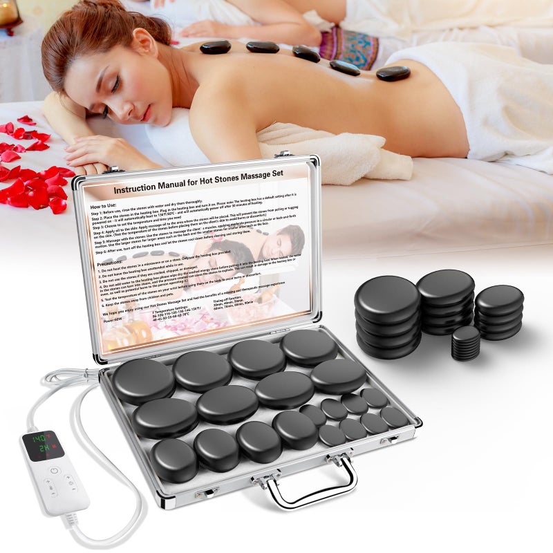 AICNLY Hot Stones Massage Set with Temperature Adjustment-20 Pcs Basalt Hot Stones with Heater Kit, Professional Massage Tool for Spa-Lymphatic Drainage, Relieve Tension and Muscle Pain - Image 1