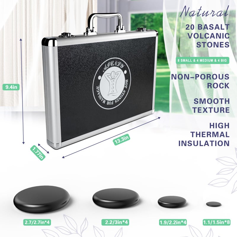 AICNLY Hot Stones Massage Set with Temperature Adjustment-20 Pcs Basalt Hot Stones with Heater Kit, Professional Massage Tool for Spa-Lymphatic Drainage, Relieve Tension and Muscle Pain - Image 4