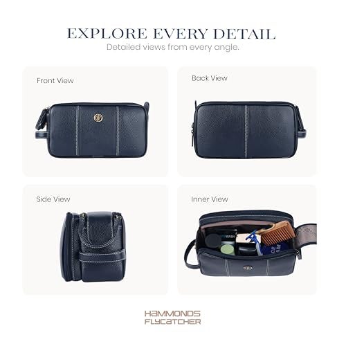 Hammonds Flycatcher Genuine Leather Travel Organizer Pouch - Toiletry Bag for Men and Women Cosmetic Organizer Bag, Shaving Kit Bag for Men Toiletry Pouch for Mens with Multiple Pockets - Blue - Image 3