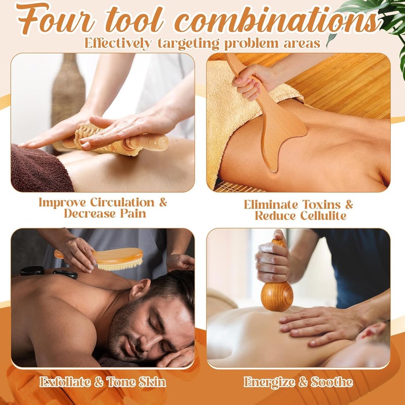 Threlaco 4in1 Wood Therapy Massage Tools Wood Body Sculpting Tools Lymphatic Drainage Massager Wooden Massager Body Shaping for Relieving Muscle Pain Smoothing and Toning Skin - Image 5