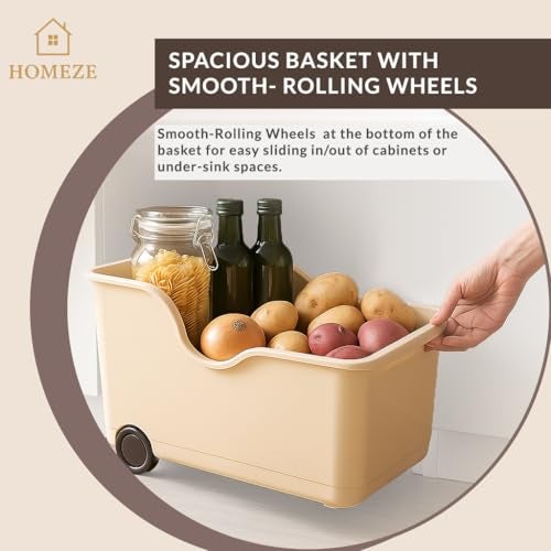 HOMEZE Multi-Purpose Storage Basket with Wheels – Portable Rolling Organizer for Kitchen, Pantry, Bathroom, and Under-Sink Storage – Durable Ventilated Basket (Pack of 3) - Image 3