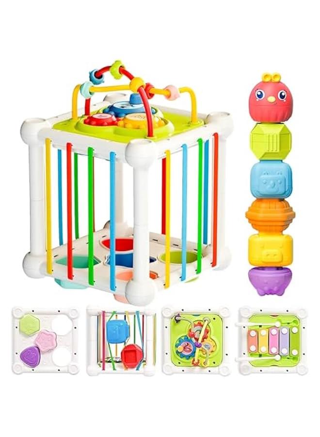 MIXDE 5 in 1 Baby Toys 6 to 12 Months, Montessori Sensory Toys Shape Sorter Colorful Cube with 10 Pcs Stacking Toys,Developmental Learning Toys for Girls Boys Gifts - Image 1