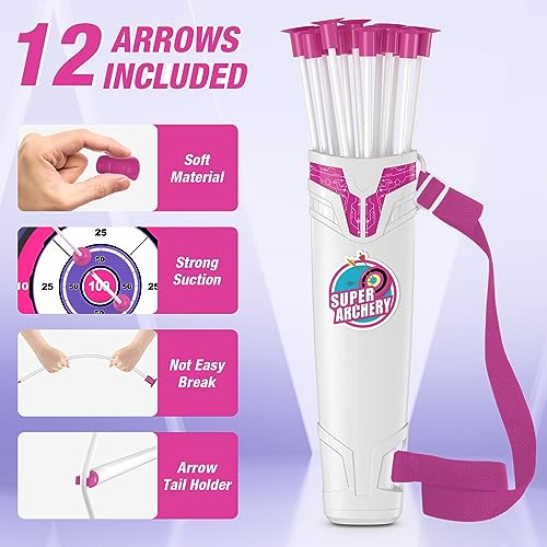 HYES Bow and Arrow for Kids, LED Light Up Archery Set with 12 Suction Cup Arrows, 1 Hanging Target, 3 Score Targets & 1 Quiver, Indoor Outdoor Sport for Boys Girls Ages 4-12, Purple - Image 4