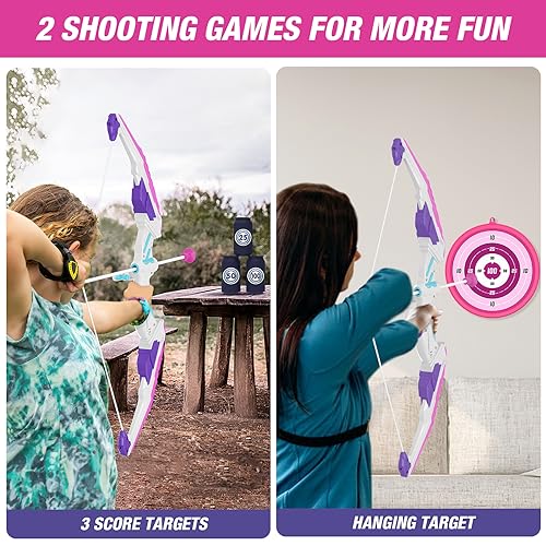 HYES Bow and Arrow for Kids, LED Light Up Archery Set with 12 Suction Cup Arrows, 1 Hanging Target, 3 Score Targets & 1 Quiver, Indoor Outdoor Sport for Boys Girls Ages 4-12, Purple - Image 2