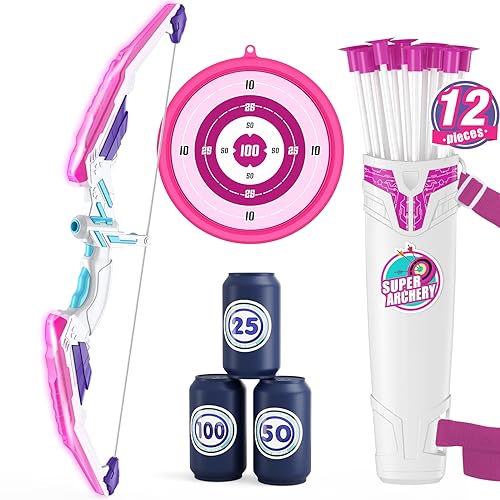 HYES Bow and Arrow for Kids, LED Light Up Archery Set with 12 Suction Cup Arrows, 1 Hanging Target, 3 Score Targets & 1 Quiver, Indoor Outdoor Sport for Boys Girls Ages 4-12, Purple - Image 1