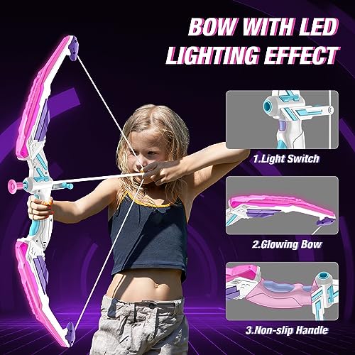 HYES Bow and Arrow for Kids, LED Light Up Archery Set with 12 Suction Cup Arrows, 1 Hanging Target, 3 Score Targets & 1 Quiver, Indoor Outdoor Sport for Boys Girls Ages 4-12, Purple - Image 3