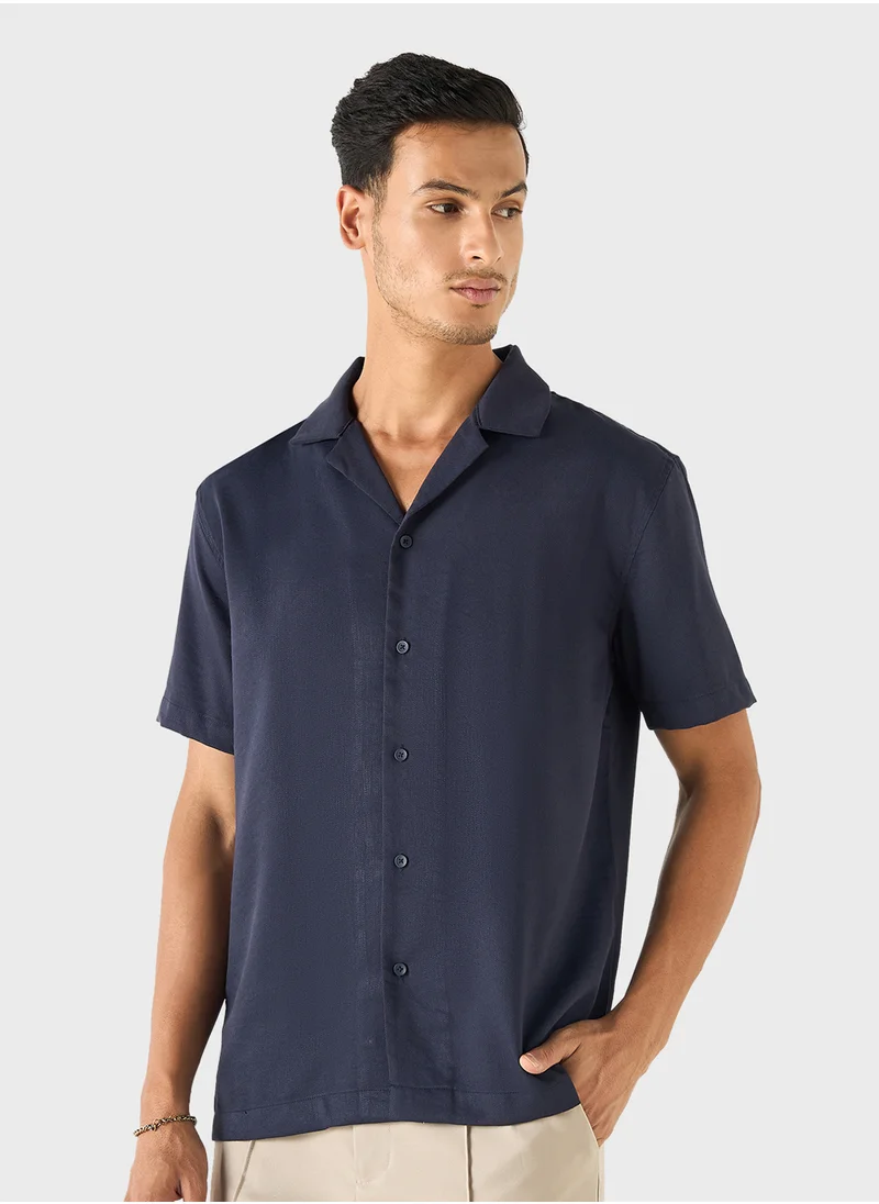 ايكونيك Iconic Relaxed Fit Textured Shirt with Camp Collar