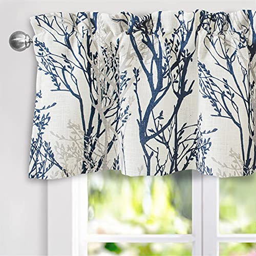 DriftAway Tree Branch Linen Lined Valance Double Layer Thermal Insulated Room Darkening Blackout Valances 3 Inch Rod Pocket Short Window Valance for Living Room Bathroom 52 Inch by 14 Inch Blue - Image 1