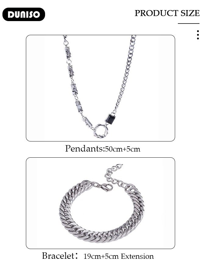 DUNISO 2 Pcs Unisex Stainless Necklace and Bracelet Set Gift with Black Diamond Pendant Fashion Short Thick Chain Party Accessories - Image 2