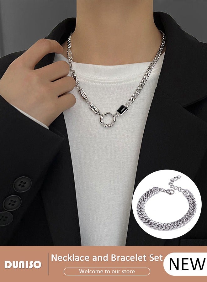 DUNISO 2 Pcs Unisex Stainless Necklace and Bracelet Set Gift with Black Diamond Pendant Fashion Short Thick Chain Party Accessories - Image 1