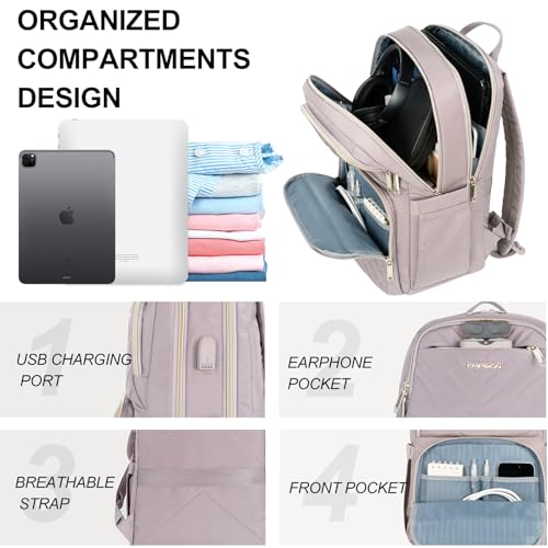 EMPSIGN Laptop Backpack Purse for Women and Men with USB Charging Port, 15.6 Inch Travel Water Resistant Quilted Backpack, High-Capacity 30L Work Business Computer Backpack, Quilted Grey Pink - Image 4