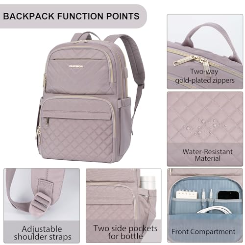 EMPSIGN Laptop Backpack Purse for Women and Men with USB Charging Port, 15.6 Inch Travel Water Resistant Quilted Backpack, High-Capacity 30L Work Business Computer Backpack, Quilted Grey Pink - Image 3