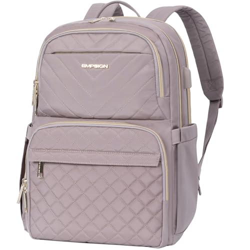 EMPSIGN Laptop Backpack Purse for Women and Men with USB Charging Port, 15.6 Inch Travel Water Resistant Quilted Backpack, High-Capacity 30L Work Business Computer Backpack, Quilted Grey Pink - Image 1