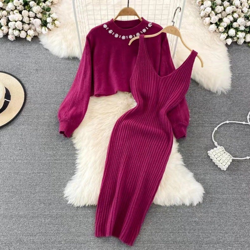 Chic Beaded Crop Sweater  Knit Vest Dress Set Fuchsia - Image 1