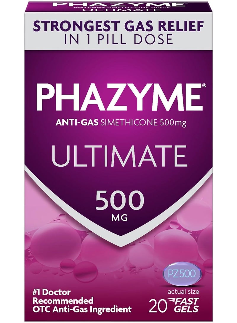 Phazyme Ultimate Gas Bloating Relief Works in Minutes 500 mg Simethicone Fast Gels, 20 Count - Image 1