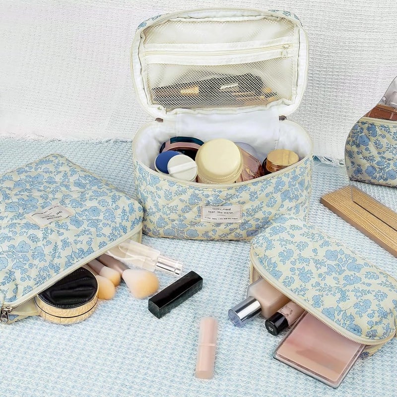 May Create MAYCREATE® Makeup Pouch Bag 3pcs Makeup Organizer Bag Combo, Cosmetic Brush Makeup Pouch for Women, Quilted Cotton Large Floral Make Up Toiletry Bags for Travel - Image 5
