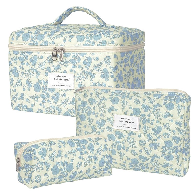May Create MAYCREATE® Makeup Pouch Bag 3pcs Makeup Organizer Bag Combo, Cosmetic Brush Makeup Pouch for Women, Quilted Cotton Large Floral Make Up Toiletry Bags for Travel - Image 1