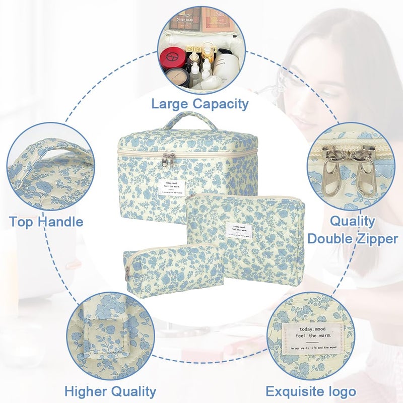 May Create MAYCREATE® Makeup Pouch Bag 3pcs Makeup Organizer Bag Combo, Cosmetic Brush Makeup Pouch for Women, Quilted Cotton Large Floral Make Up Toiletry Bags for Travel - Image 3