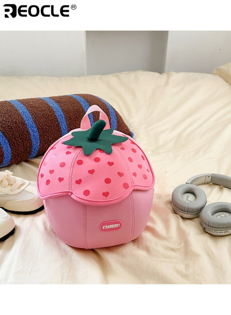 REOCLE Kids' Cartoon Strawberry-Shaped Backpack Fun Fruit Inspired Bag with Top Handle & Playful Details Adorable Accessory for Toddlers & Preschoolers - Image 2