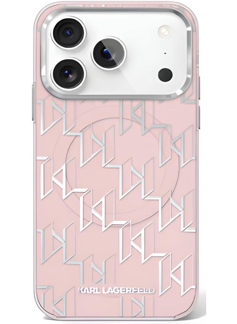 كارل لاغرفيلد جراب CG MOBILE Karl Lagerfeld لهاتف iPhone 17 Pro [متوافق مع MagSafe]، جراب سيليكون بتصميم كارل لاغرفيلد متعدد الأحرف مطلي بالكهرباء، مضاد للصدمات، حماية من السقوط - وردي