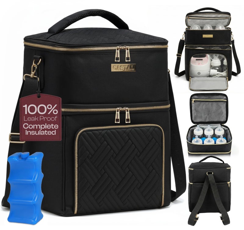 Castal Breast Pump Bag Spectra S1 S2â€“Insulated Spectra Pump Bag, Breastmilk Cooler Bag with Ice Packâ€“Leak-Proof Double Layer Breast Pump Travel Bag Holds 6 Milk Bottles with Elastic Strapâ€“Black - Image 1