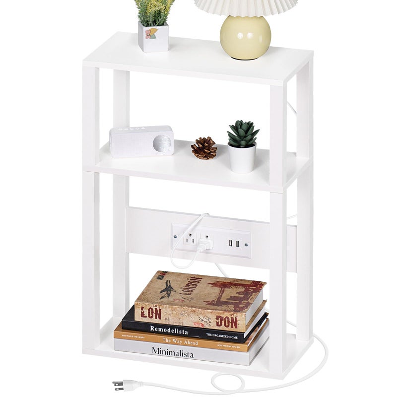 YUFAM 3-Tier Small Narrow Wood Side Table with Charging Station, Skinny Nightstand for Small Space, Slim Bedside Table with Storage for Couch, Thin End Table with USB Ports and Outlets, White - Image 1