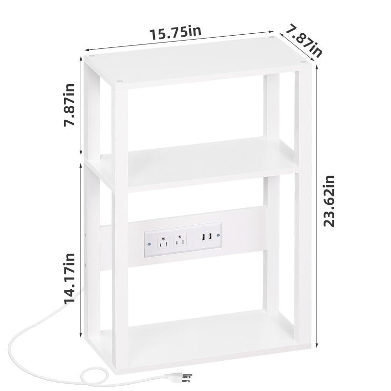 YUFAM 3-Tier Small Narrow Wood Side Table with Charging Station, Skinny Nightstand for Small Space, Slim Bedside Table with Storage for Couch, Thin End Table with USB Ports and Outlets, White - Image 4