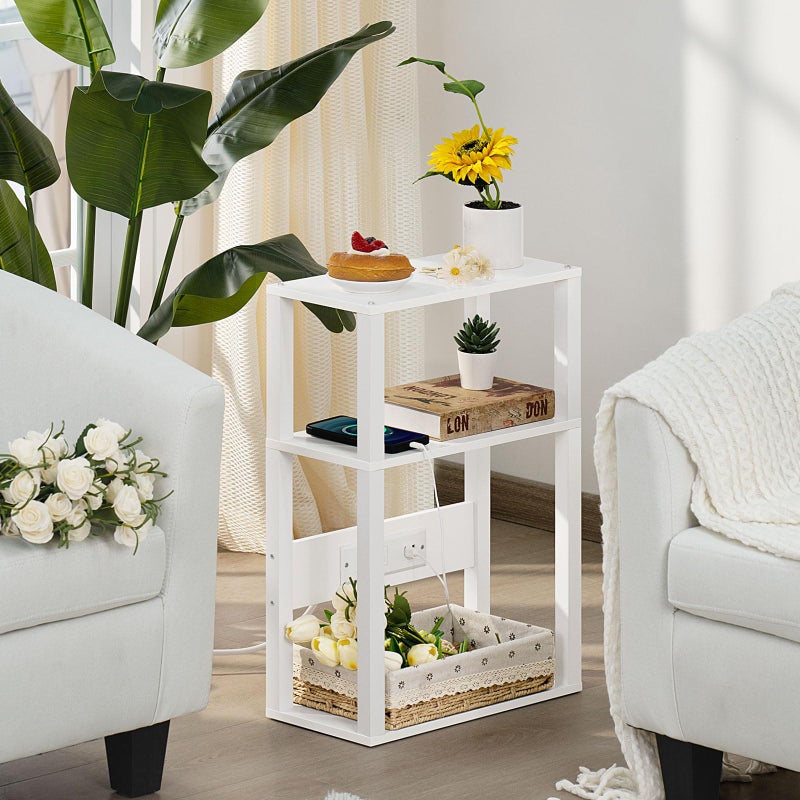 YUFAM 3-Tier Small Narrow Wood Side Table with Charging Station, Skinny Nightstand for Small Space, Slim Bedside Table with Storage for Couch, Thin End Table with USB Ports and Outlets, White - Image 2