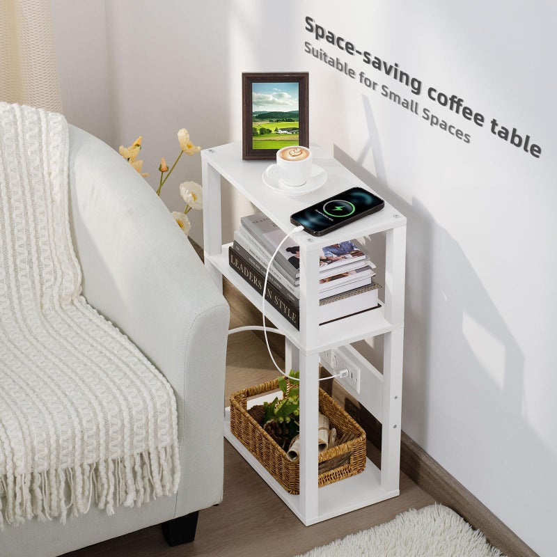 YUFAM 3-Tier Small Narrow Wood Side Table with Charging Station, Skinny Nightstand for Small Space, Slim Bedside Table with Storage for Couch, Thin End Table with USB Ports and Outlets, White - Image 3