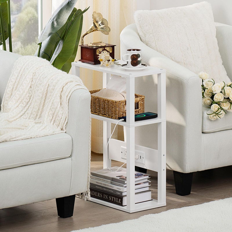 YUFAM 3-Tier Small Narrow Wood Side Table with Charging Station, Skinny Nightstand for Small Space, Slim Bedside Table with Storage for Couch, Thin End Table with USB Ports and Outlets, White - Image 5