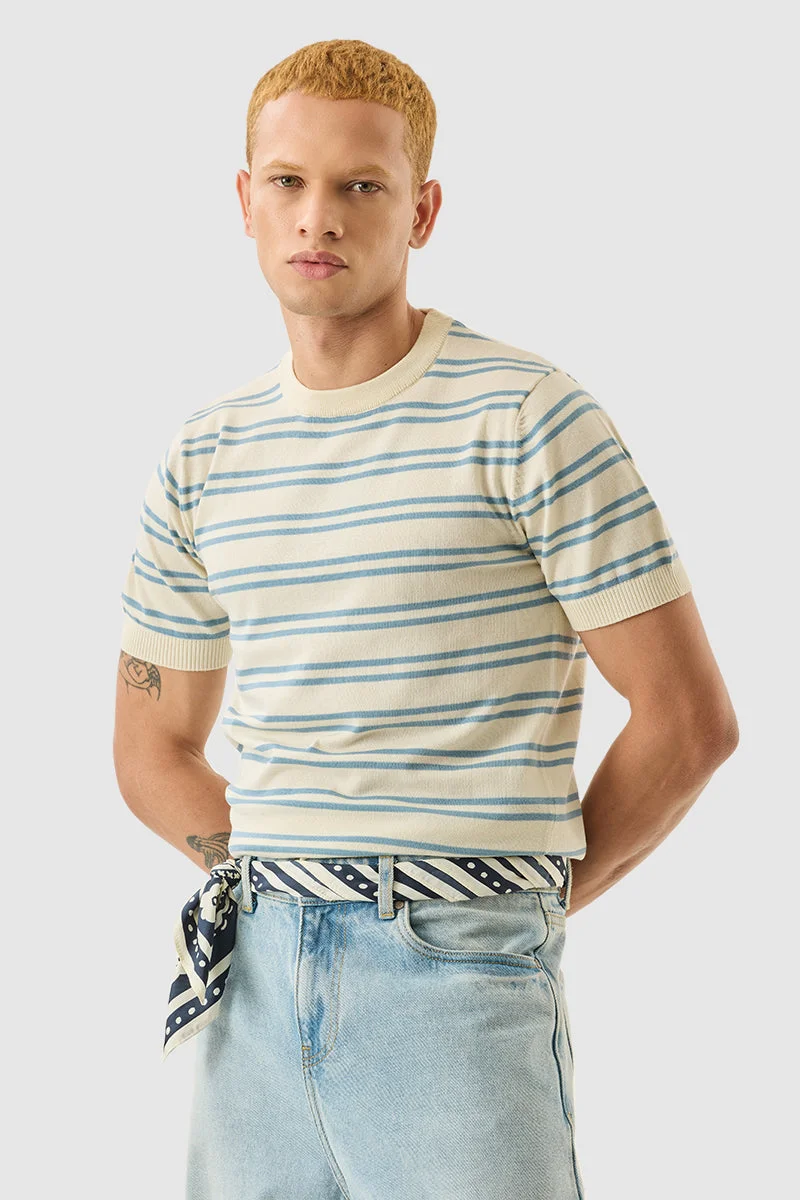 سنيتش Beige Striped Half Sleeve Slim Fit T-Shirt