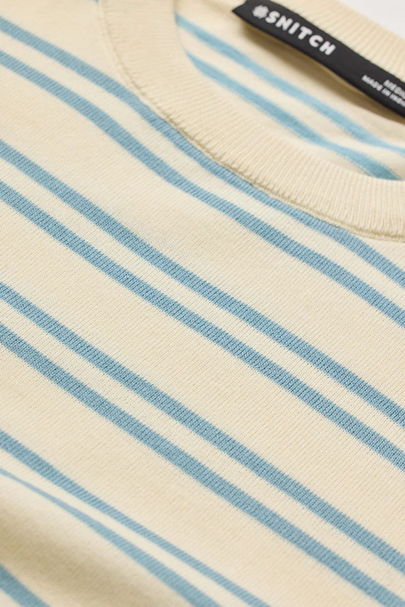 سنيتش Beige Striped Half Sleeve Slim Fit T-Shirt
